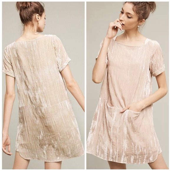Anthropologie Floreat Crinkled Velvet Tunic Shift Dress Tan Neutral Sheen Sz S - Picture 2 of 16